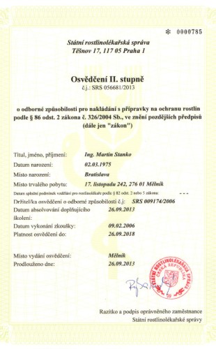 Osvědčení II. stupně pro nakládání s přípravky na ochranu rostlin